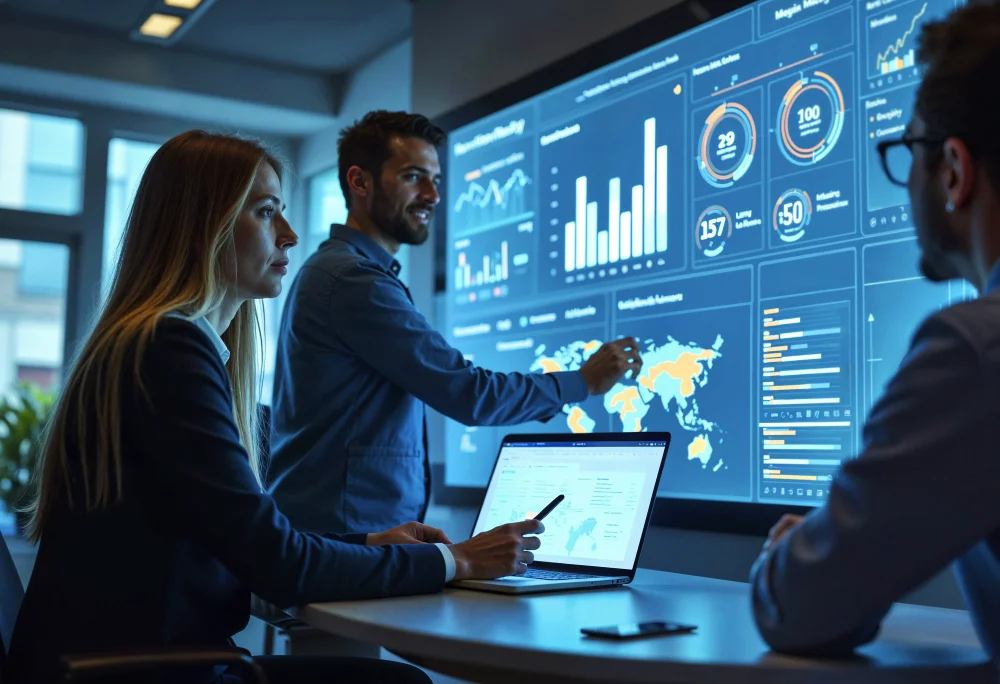 Technology consultant reviewing business analytics