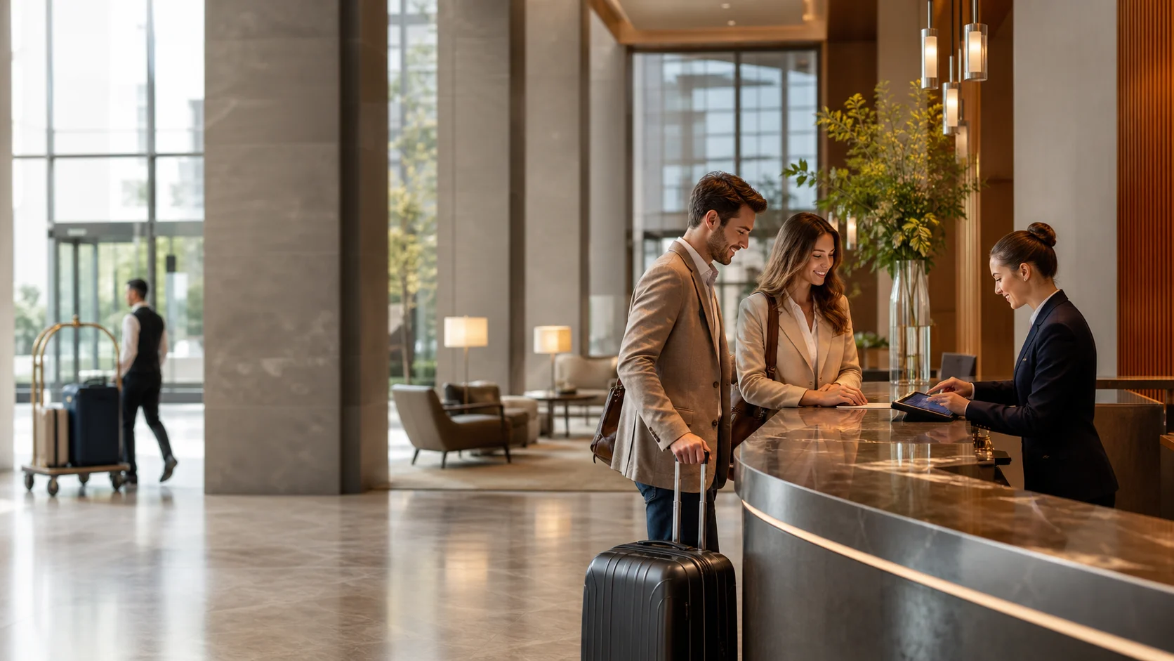 Travelers checking into a modern hotel lobby